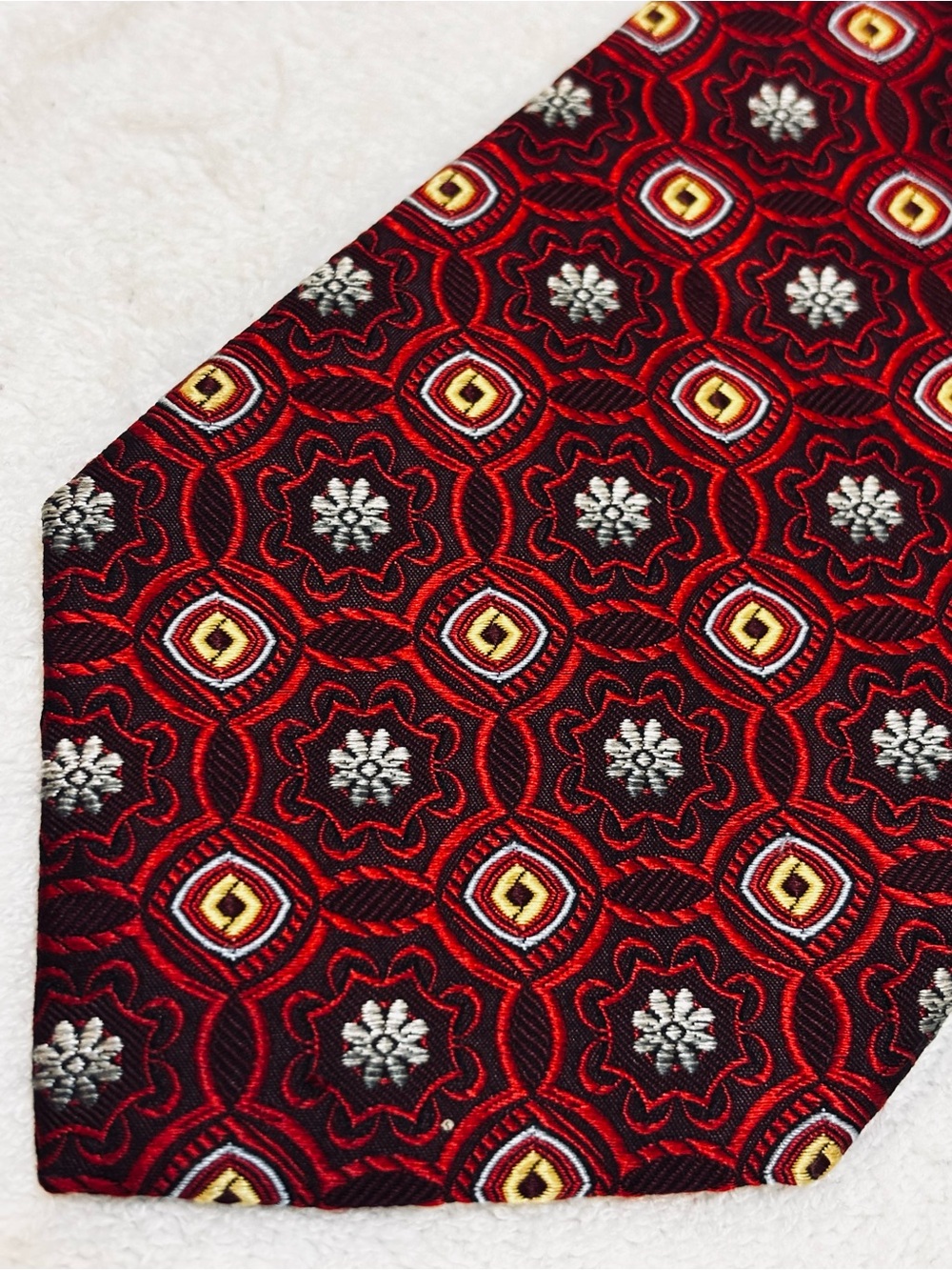 Red Geo-Floral Silk Tie with Gold & Silver Accents